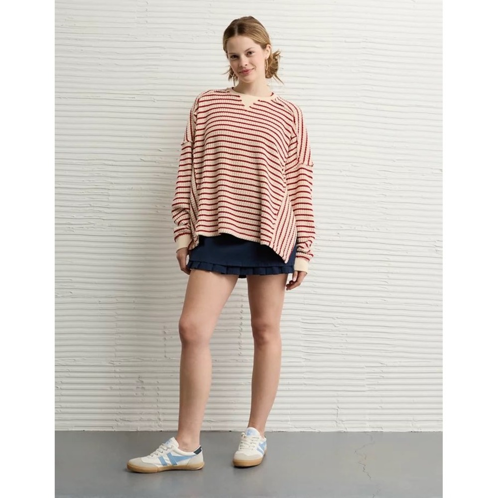 American Eagle Stripe Big Hug Crew Neck Waffle Sweatshirt Red Slouchy Oversized